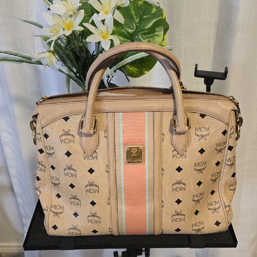 MCM Cream and Pink Satchel with Monogram Print